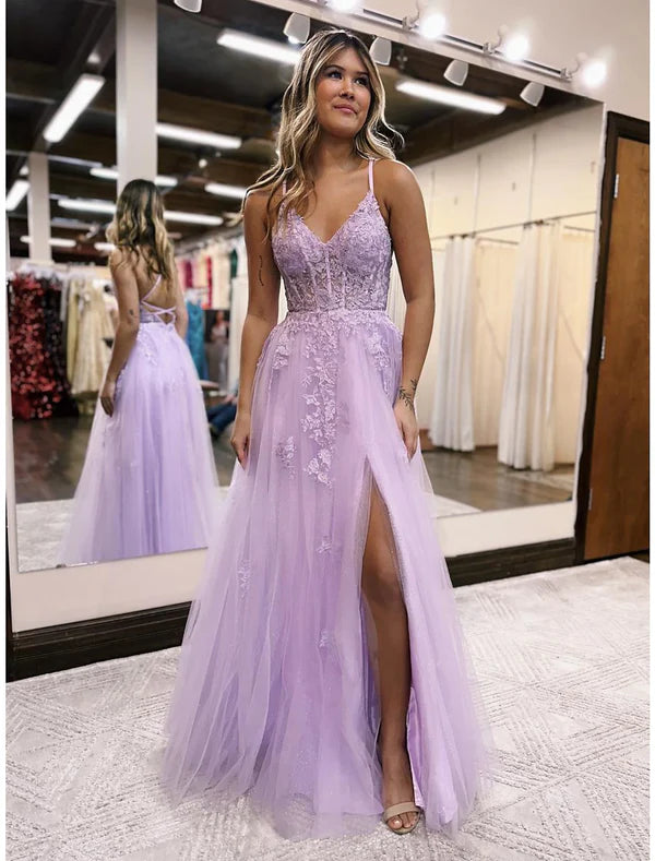 Luolandi A-Line Evening Gown Open Back Dress Formal Prom Floor Length Sleeveless V Neck Tulle Backless with Beading Slit Appliques Beautiful